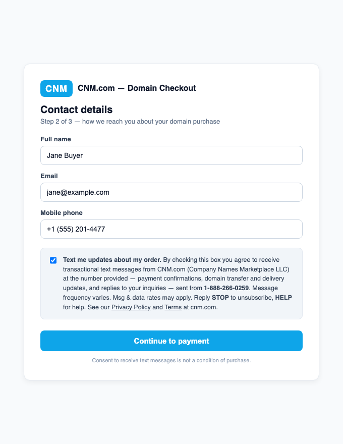 Screenshot of the CNM.com checkout step showing the optional SMS consent checkbox with full program disclosure